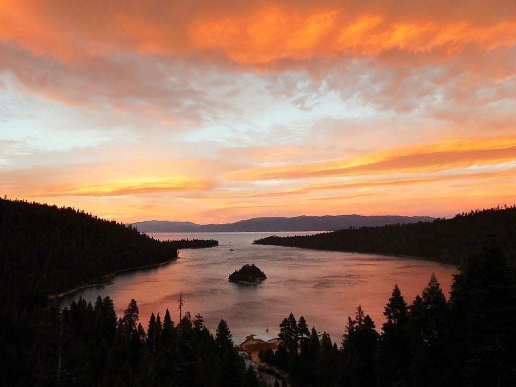 Sunset over Emerald Bay, Lake Tahoe. Photo by Keith Wehner / CC BY-SA 4.0 via Wikimedia Commons