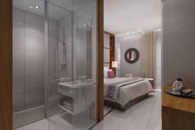 Bathroom entrance & bedroom interior at Azalai Hotel Dakar