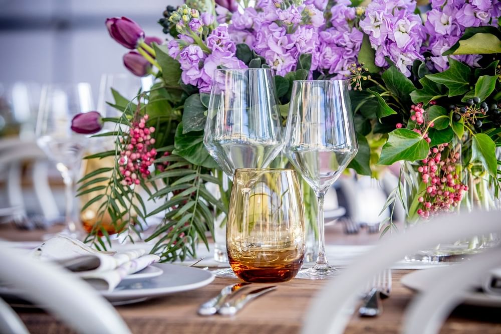 Close-up of a flower décor on a table at Crown Towers Sydney