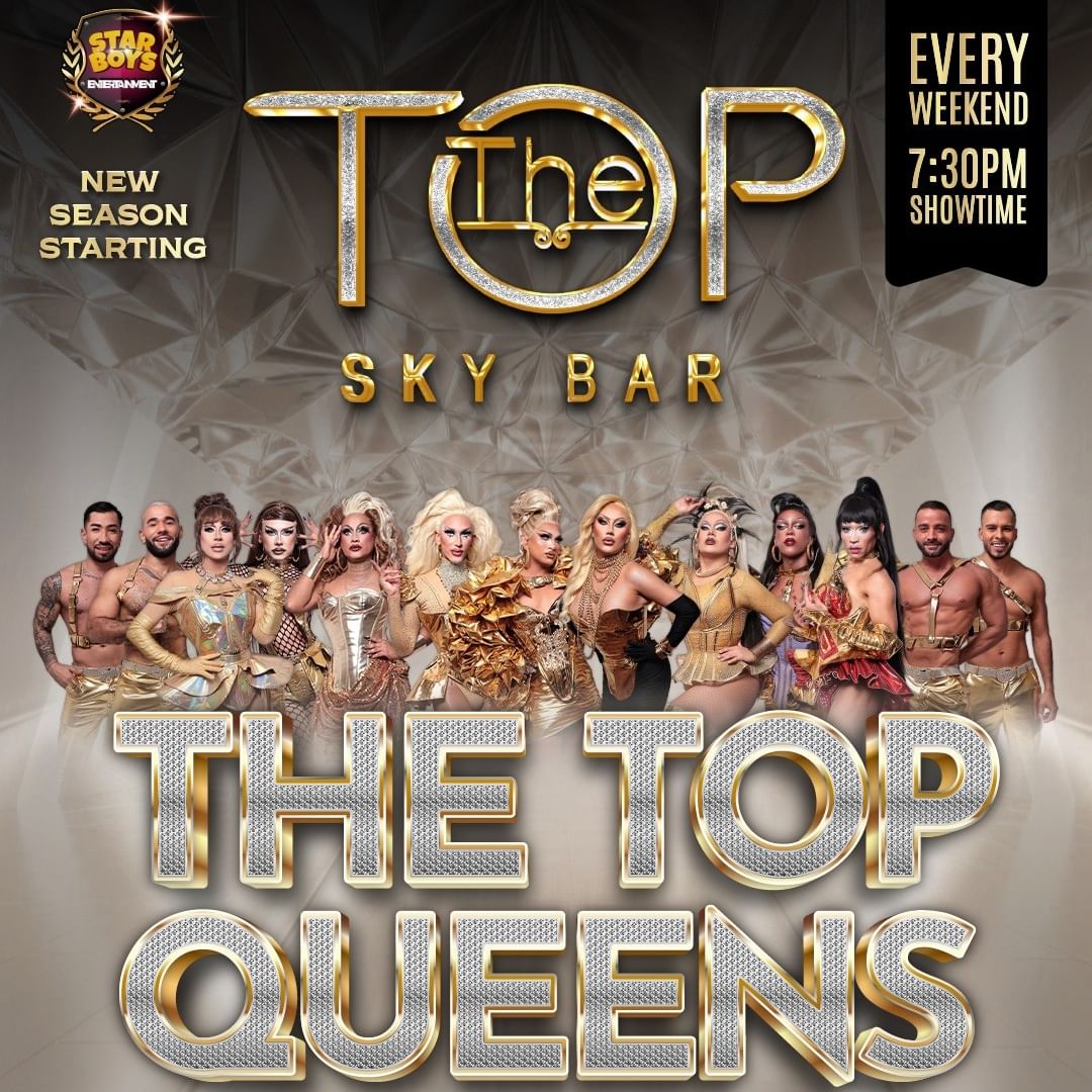 A promotional image for The Top Queens and Star Boys show at Almar Resort, a premier gay resort Mexico entertainment spot