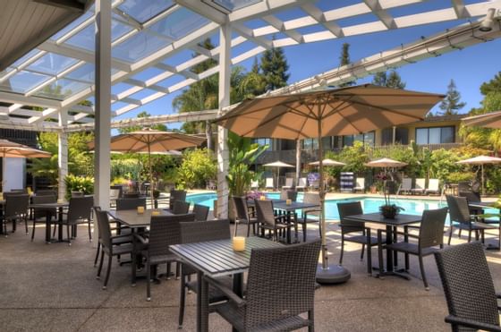 dining tables next to pool