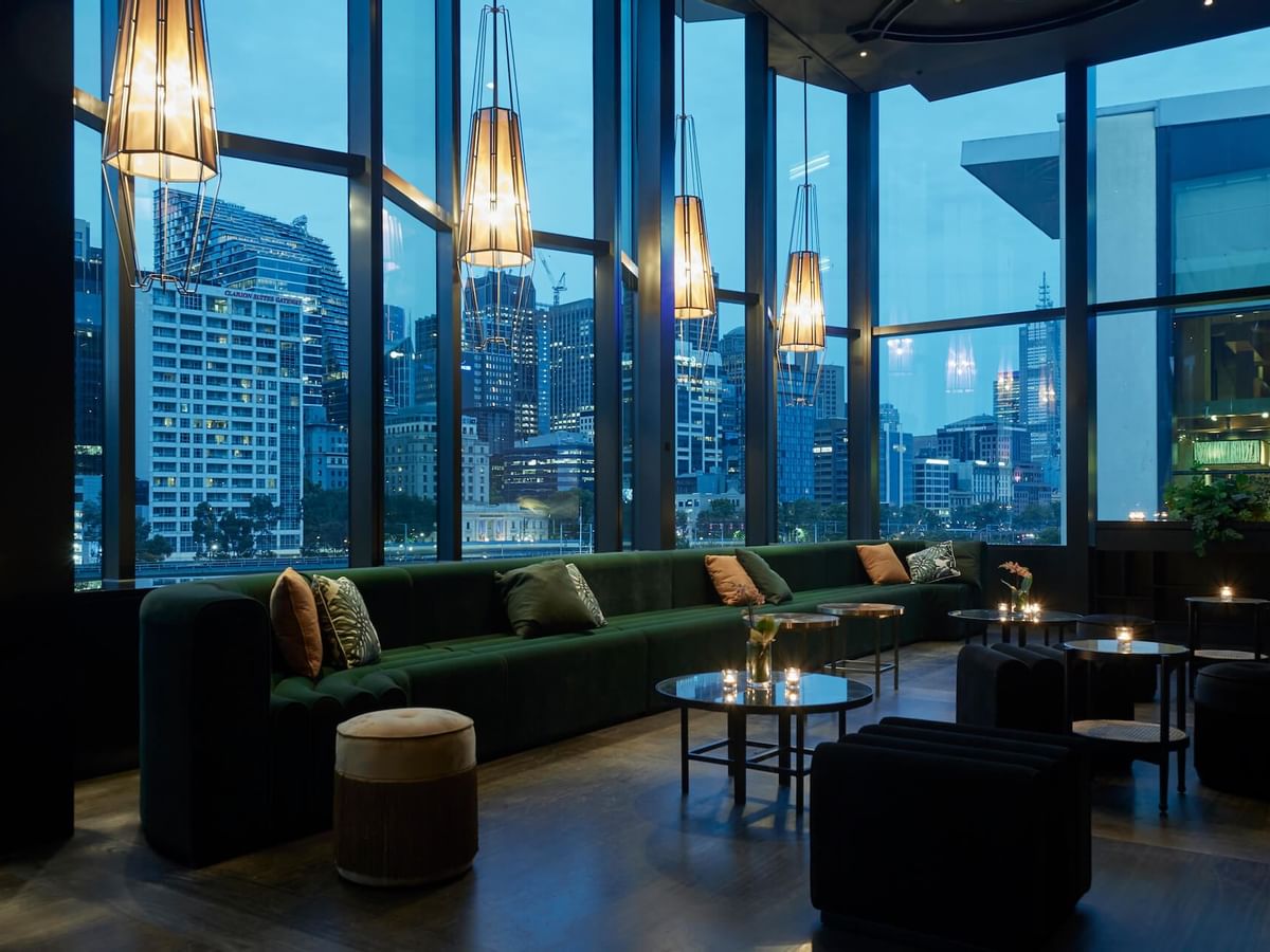 Evergreen lounge area, city view at Crown Hotel Melbourne