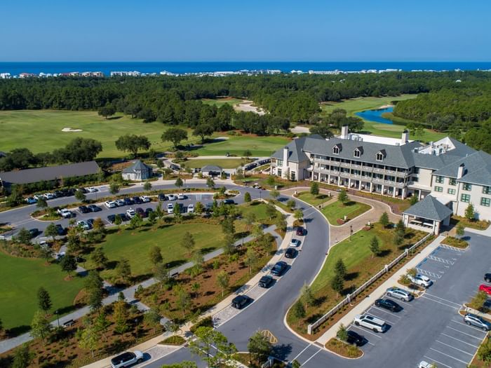 Aerial view of Camp Creek Inn with the Gulf of Mexico in the background