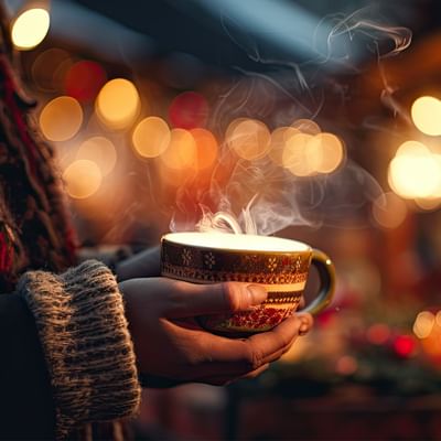 Mani che tengono una tazza fumante con decorazioni intricate in un ambiente notturno luminoso.