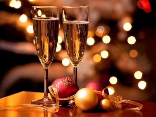 Champagne glasses & Christmas decorations at Hotel Shocard