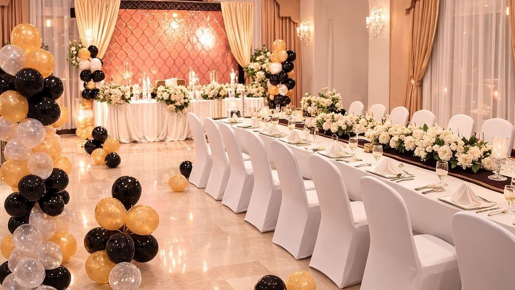 Long banquet table with white roses and gold and black balloon pillars at Serena Hotels & Resorts
