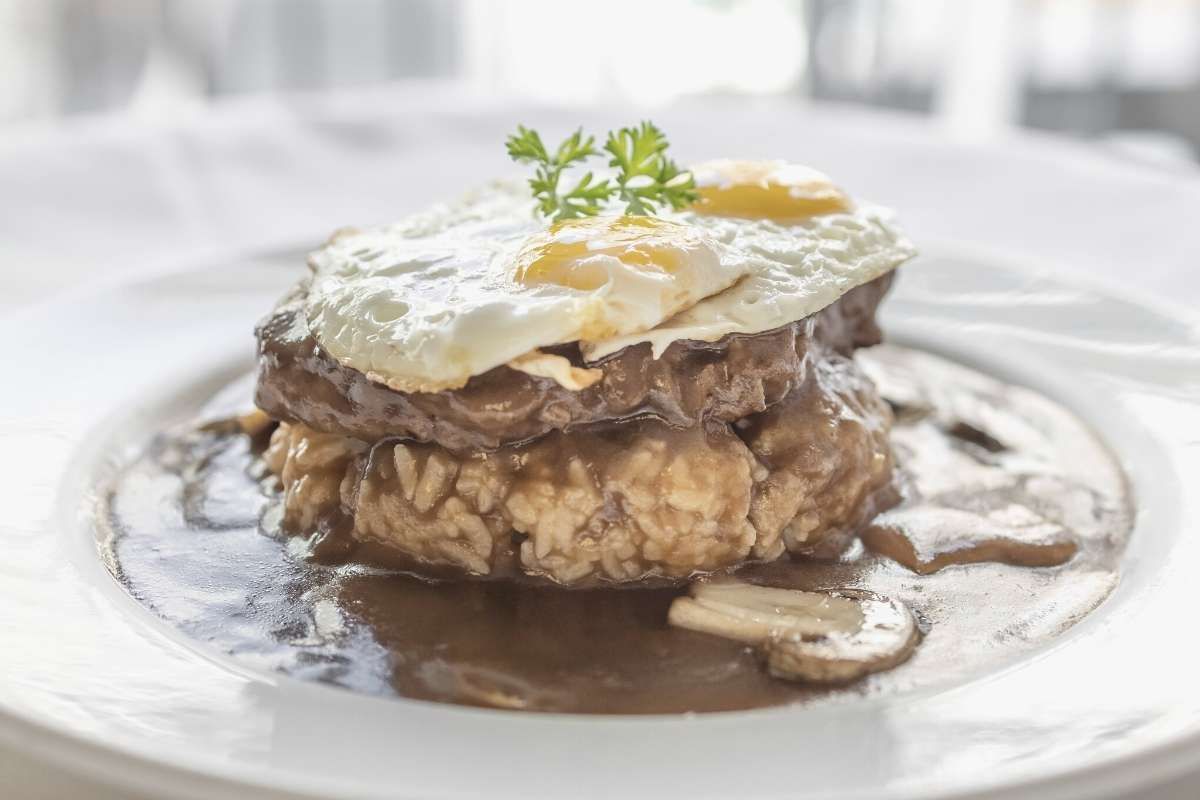 Close-up of Loco Moco served in Ilima Cafe at Waikiki Resort Hotel by Sono