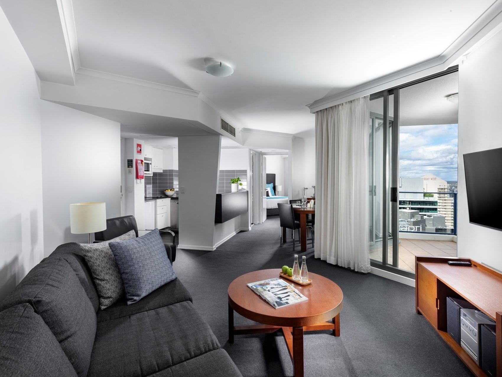 Premium one bedroom living room with out door view at Sebel Suites Brisbane