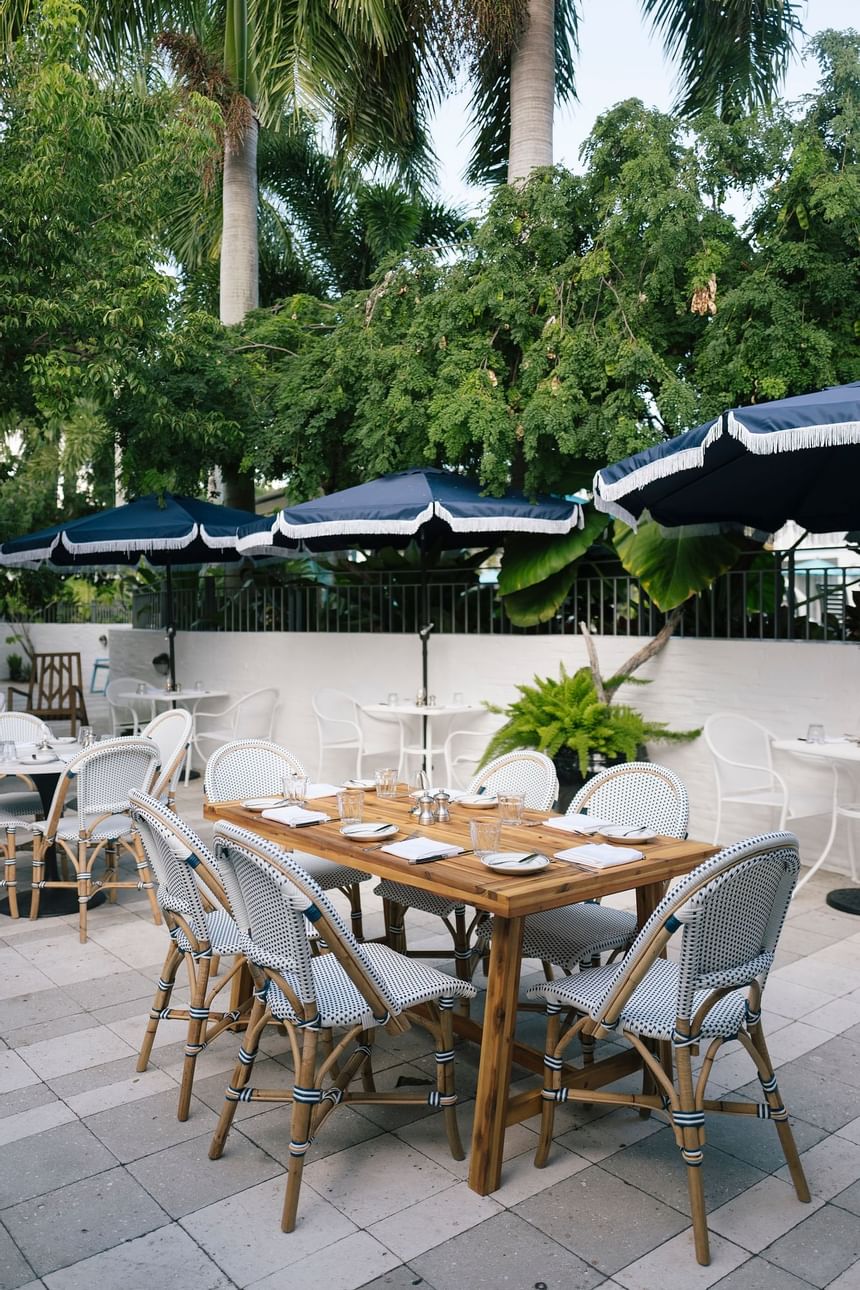 Outdoor restaurant seating area with open navy blue umbrellas