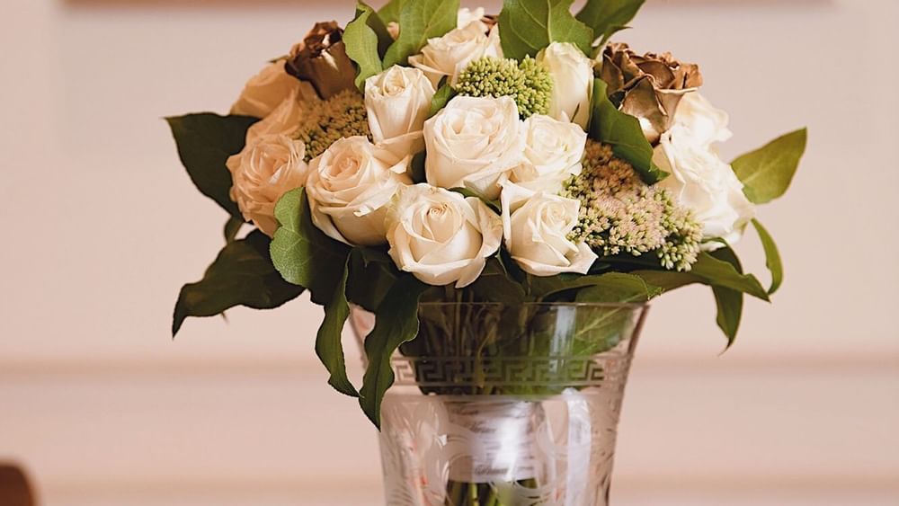 Close-up of a flower vas with roses at Palazzo Versace Dubai