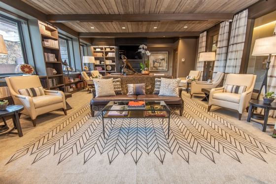 Lounge area & bookshelves in Sacajewea Library at Hotel Jackson