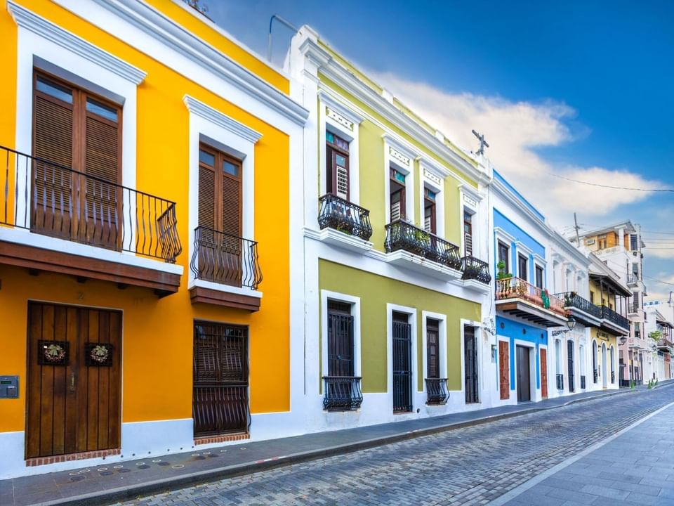 Colorful buildings lined in Old San Juan near Las Casitas Village