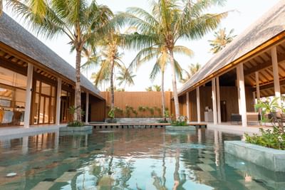 Bright villa courtyard at Ananea Madivaru Maldives with a pool surrounded by palm trees and wooden architecture