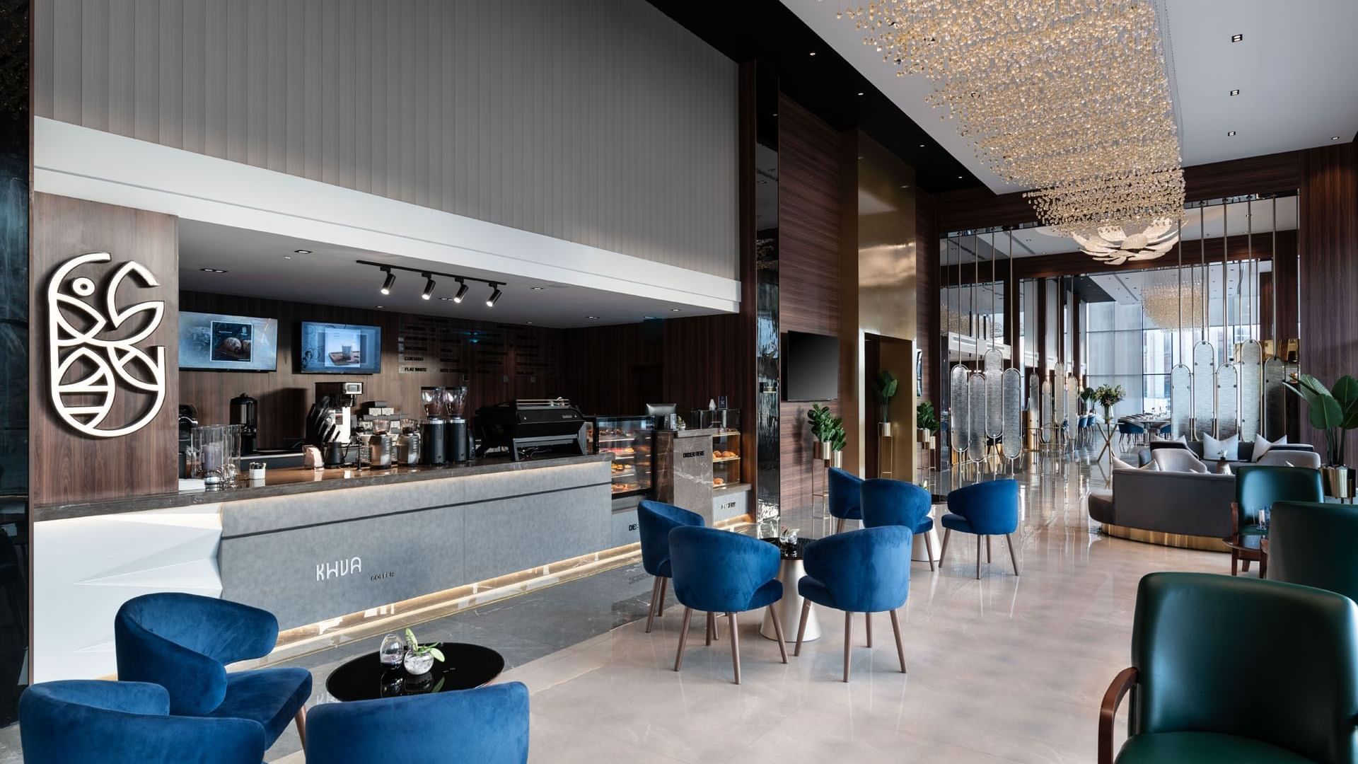 Counter with set-up tables in Khva Cafe at Warwick Hotels & Resorts