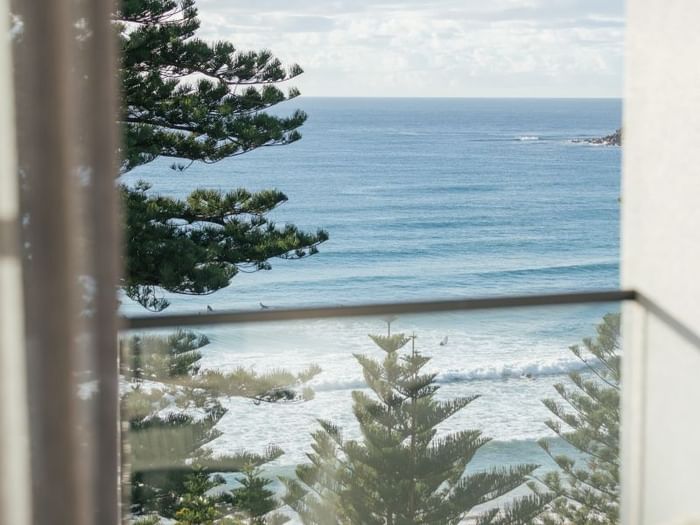 Ocean View Two Bedroom at Elysium Hotels, balcony view framing pine trees and rolling waves along the coast