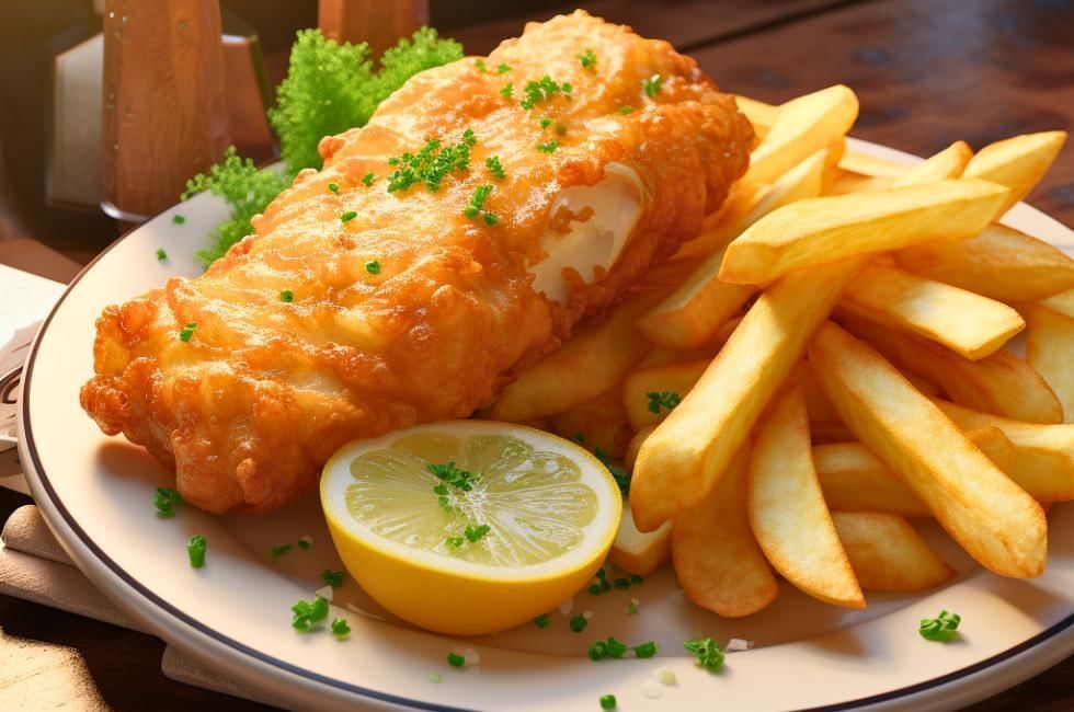 fish and chips with a slice of lemon