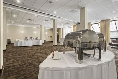 spacious ballroom with buffet setup