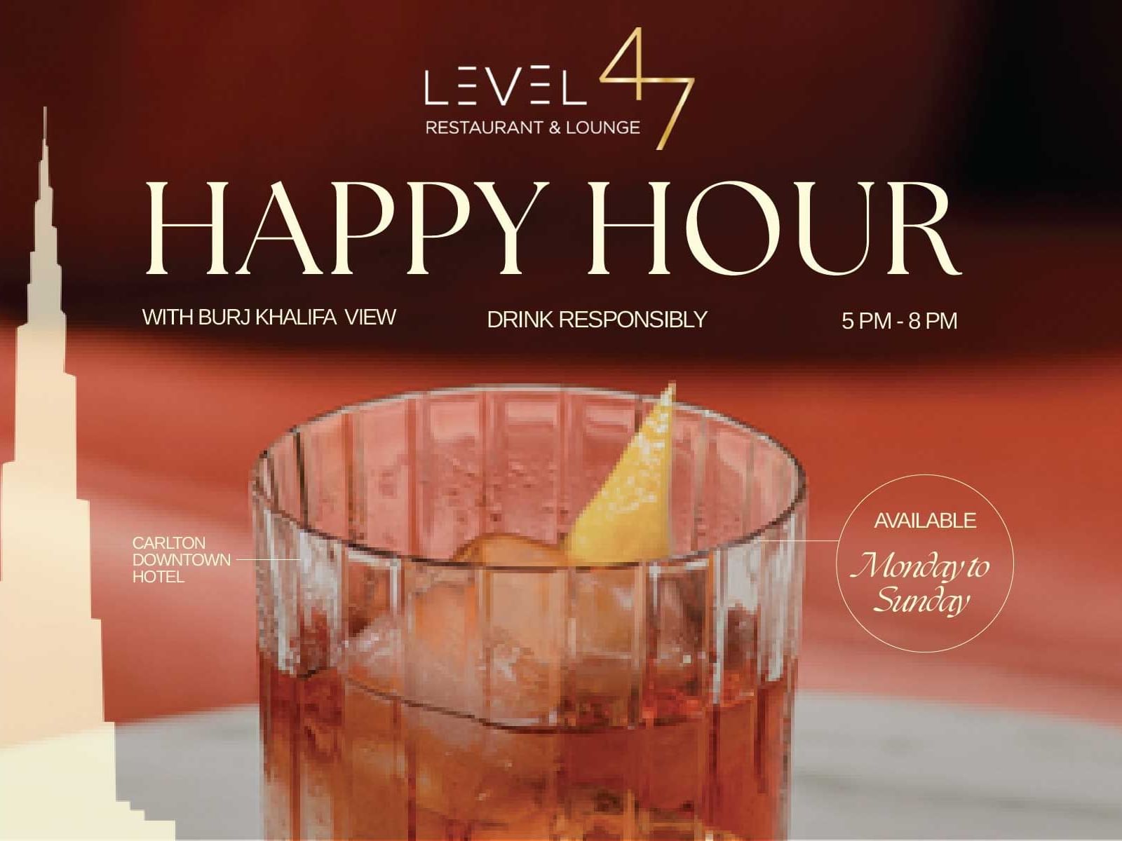 Cocktails with city skyline view at Level 47 Rooftop & Lounge.