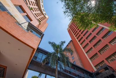 View from below, showcasing Dann Carlton Cali connected by a walkway, framed by palm trees