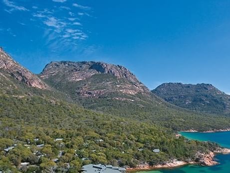 Aerial view of Hazards mountain range with Wineglass Bay at Freycinet Lodge