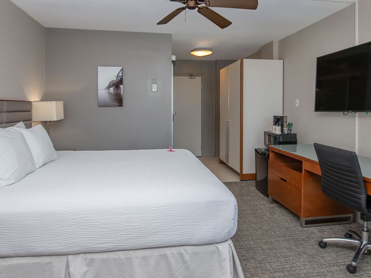 Hotel room with bed, desk, chair, television, and ceiling fan.