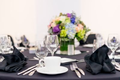 Close-up of a table setting in a banquet hall, Harborside Hotel