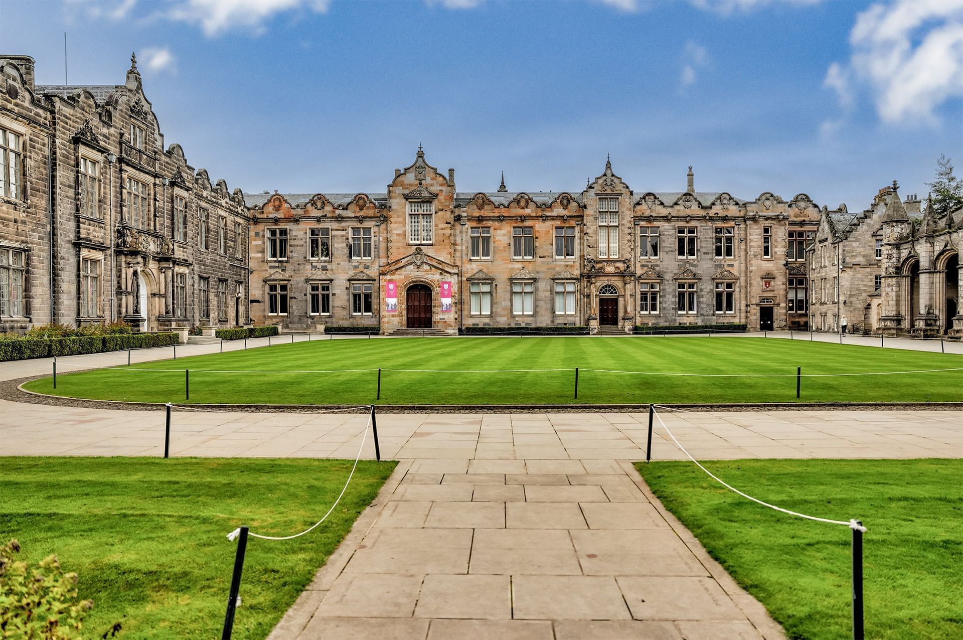 St Andrews University with a large green lawn, things to do at St Andrews Scotland near hotels Fife Scotland