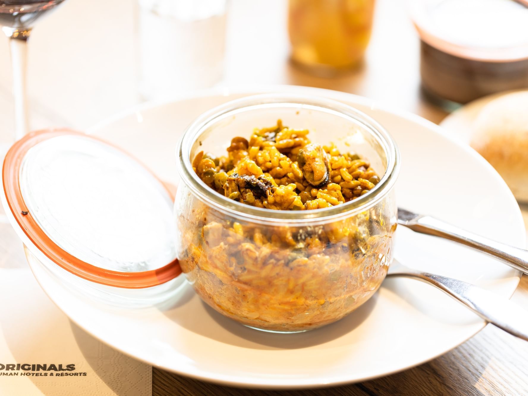Close-up of a meal served in a jar at Originals Hotel