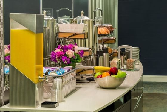 Close-up of foods in the breakfast buffet at Kinzie Hotel