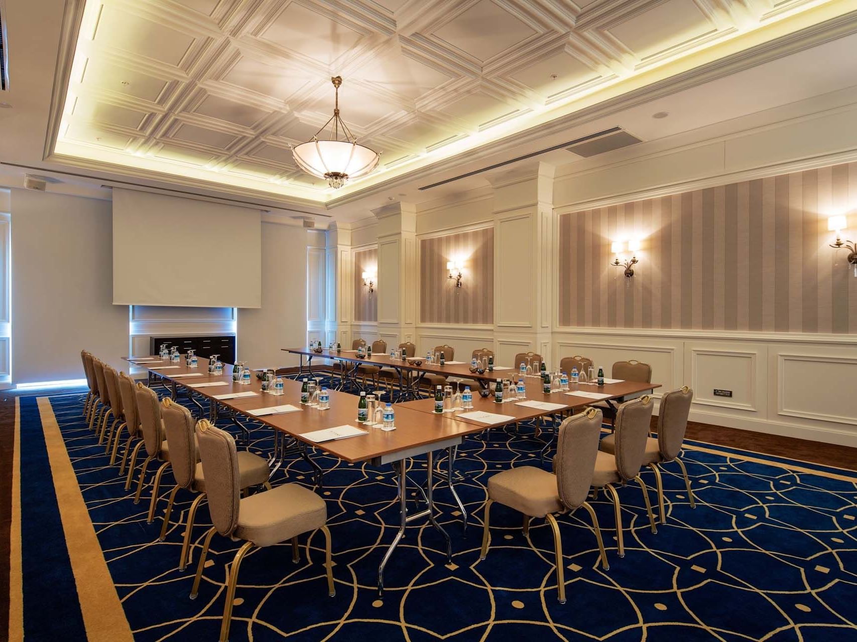 U-shaped table setup with projector screen in Adriatic Meeting Rooms at Titanic Deluxe Golf Belek