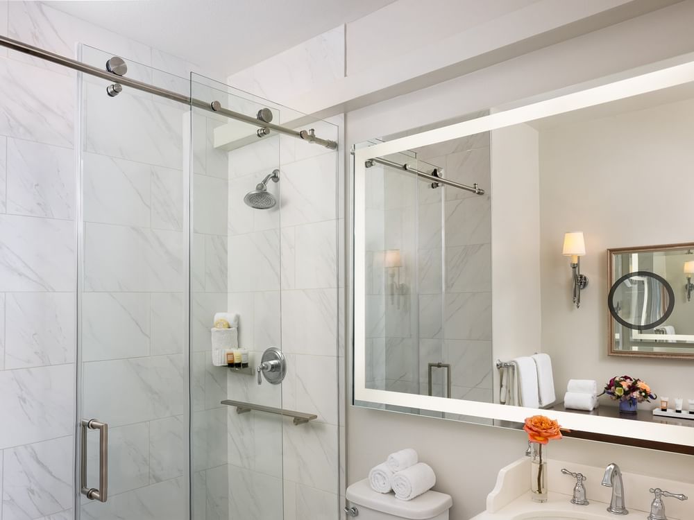Marble walk-in shower by a large lighted mirror under a soft ceiling glow in Traditional King at Warwick Melrose Dallas