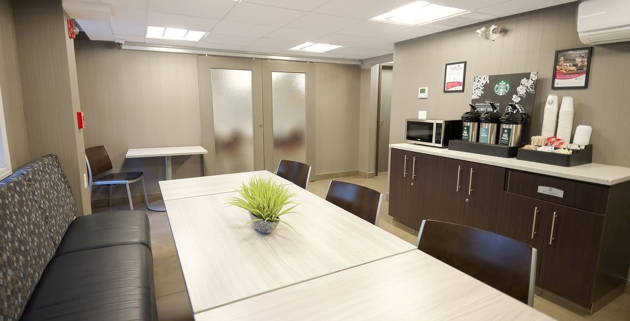 Hotel coffee station and seating area
