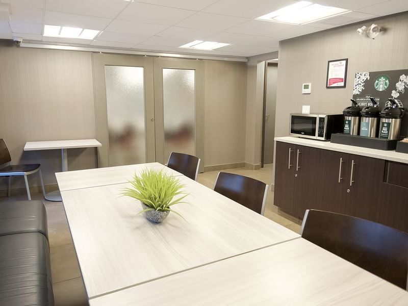 Hotel coffee station and seating area