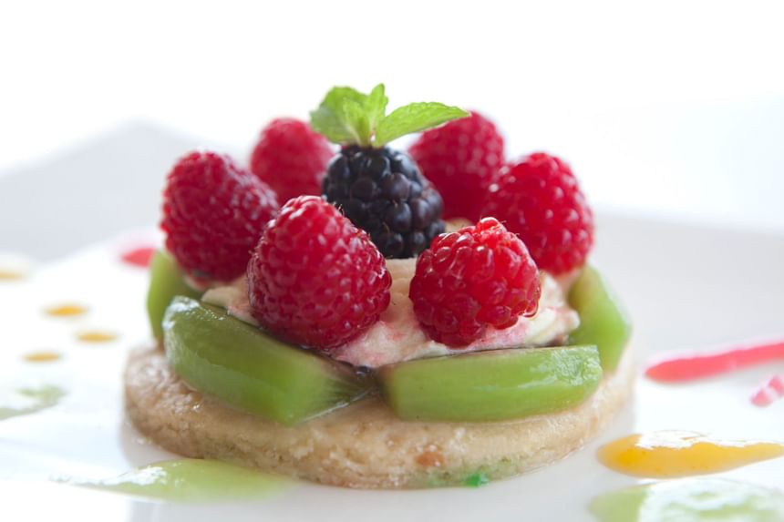 Dessert with berries served in Garden Terrace at Southern Palms