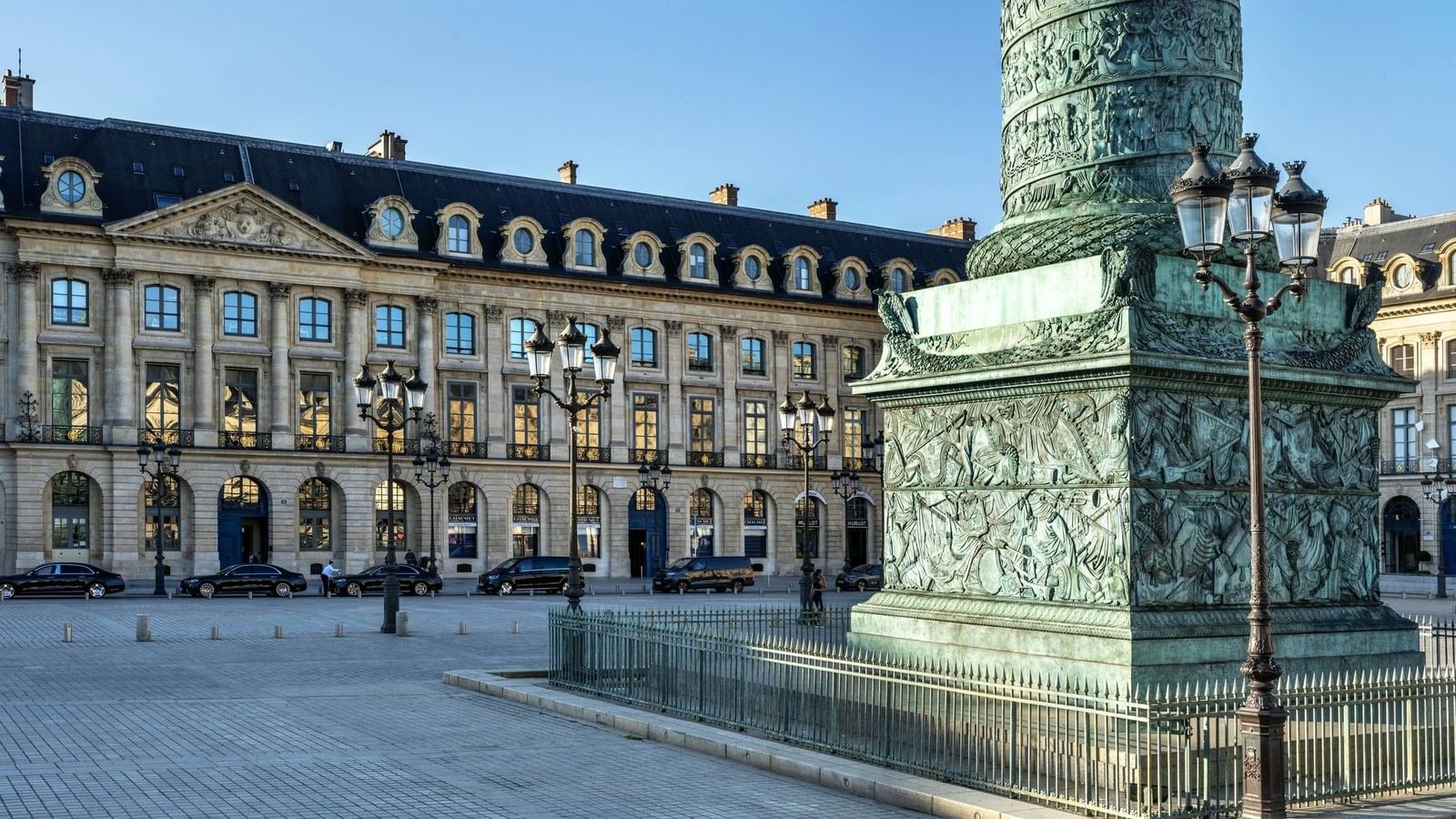 Place Vendôme historic stone buildings and ornate street lamps near Hotel Barsey by Warwick