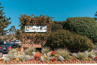 The charming and well-maintained front entrance sign surrounded by lush plants and colorful flowers at Carmel Bay View Inn