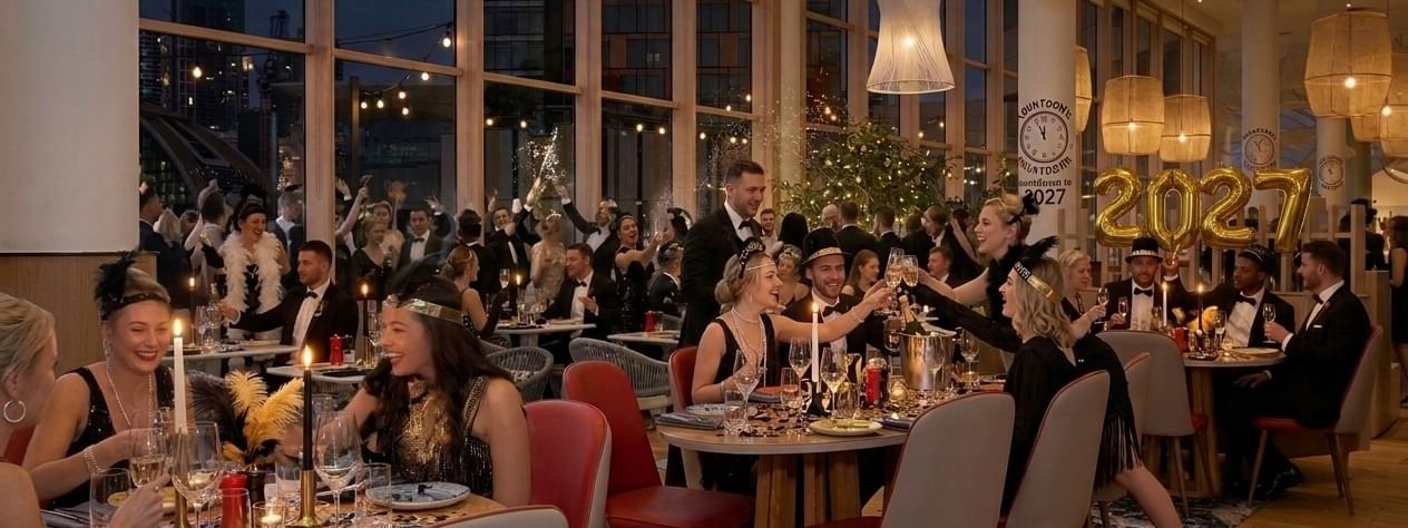 Two champagne flutes filled with sparkling wine, wrapped in gold ribbon and surrounded by festive bokeh lights, celebrating New Year's Eve at The Ternary, Darling Harbour.