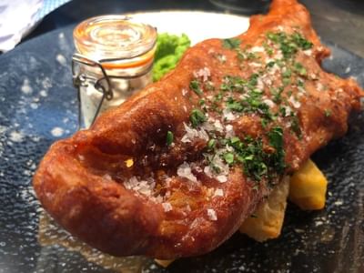 Close-up of a steak dish in a menu at Orsett Hall Hotel