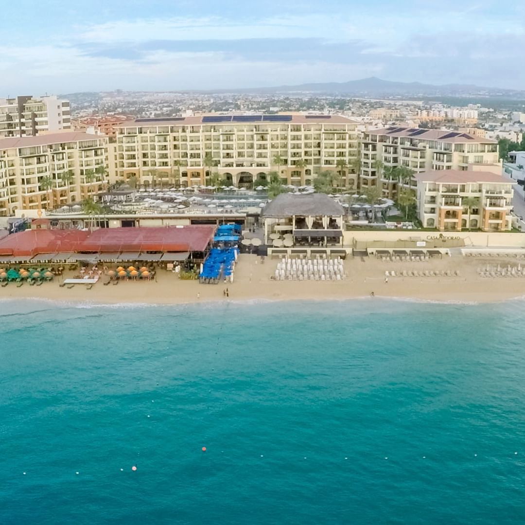 Aerial view of the beach and Casa Dorada Los Cabos Hotel