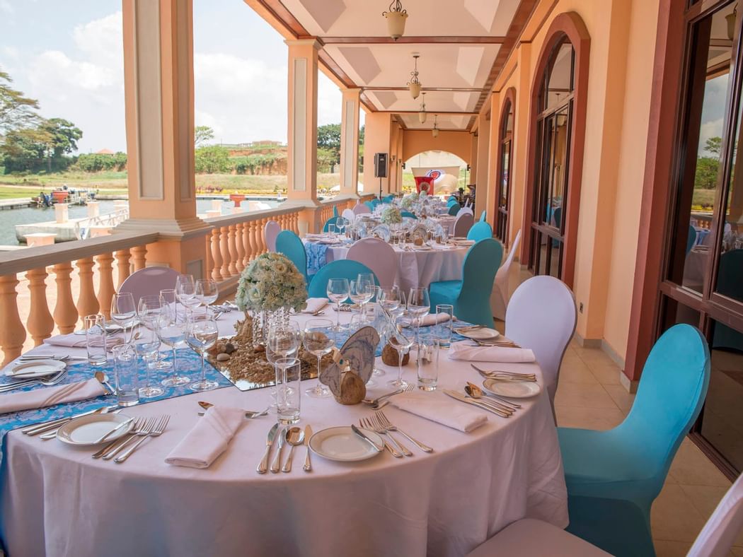 An Outdoor dining area at Marina in Lake Victoria Serena Resort