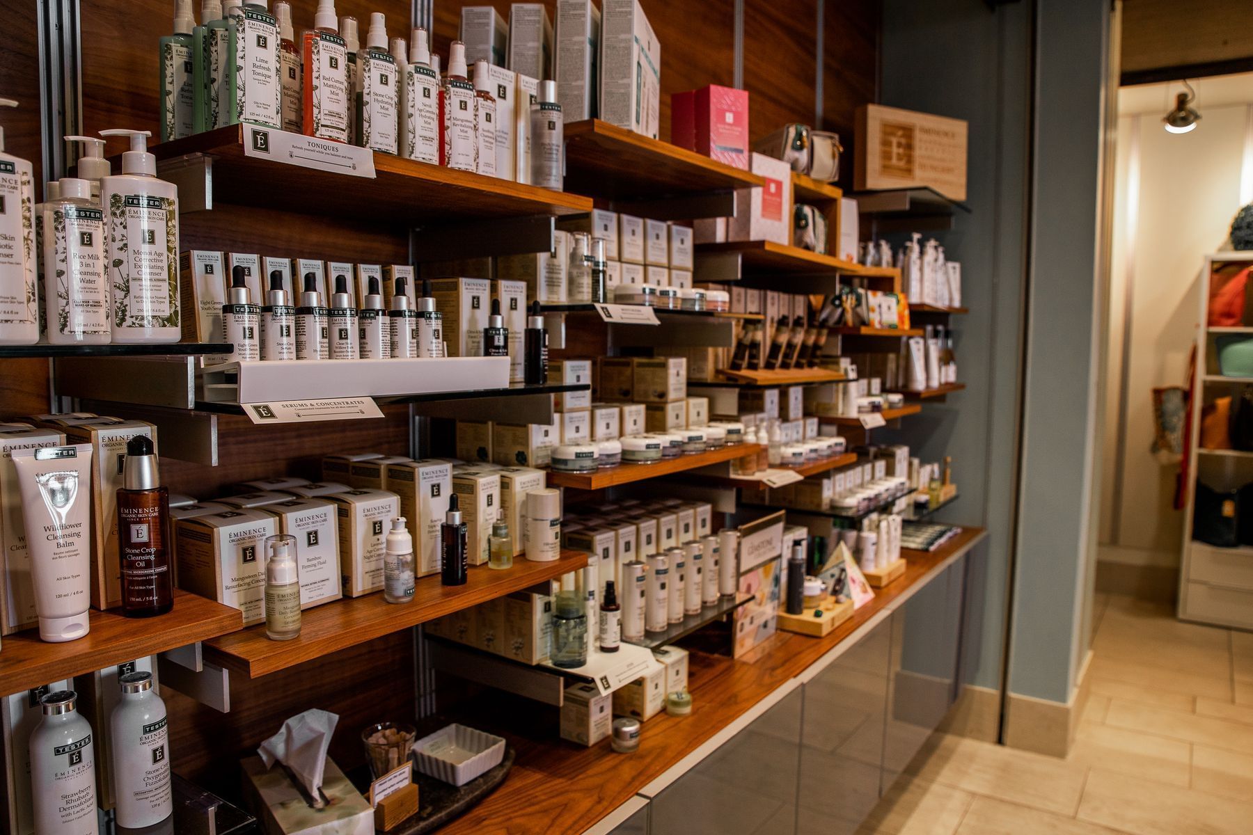 a wall of spa products