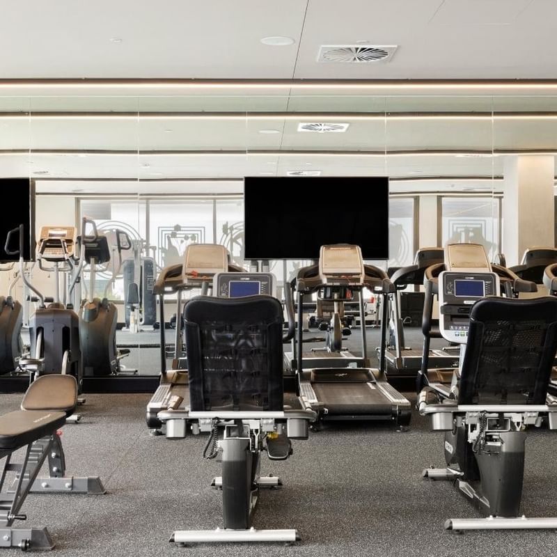 Modern gym with various exercise machines, including treadmills, stationary bikes, and weight equipment.
