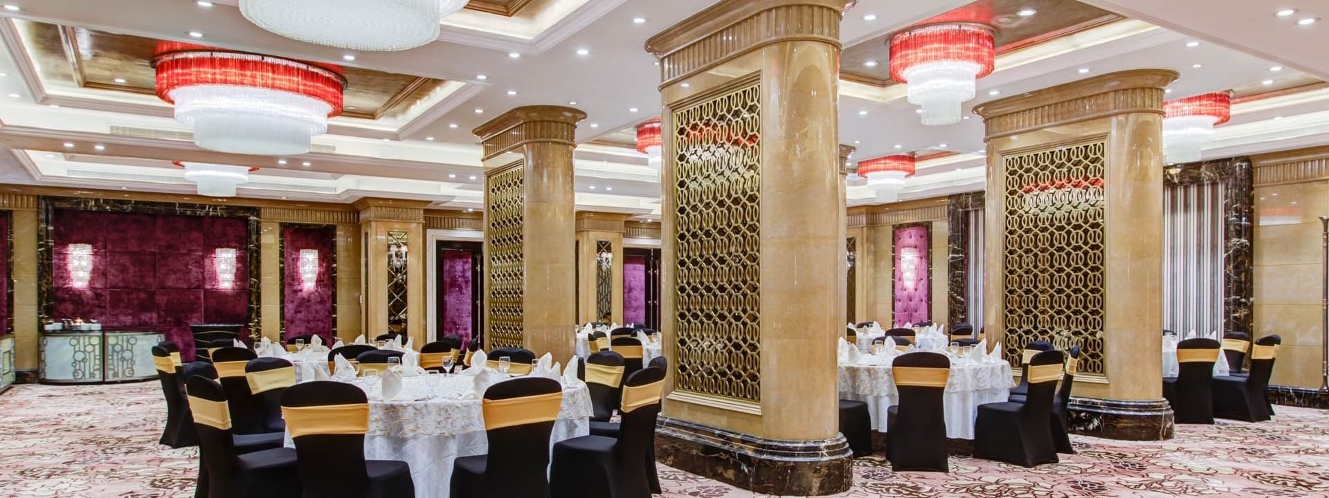 Banquet set-up in Al Badia with carpeted floors at Narcissus Hotel & Spa Riyadh