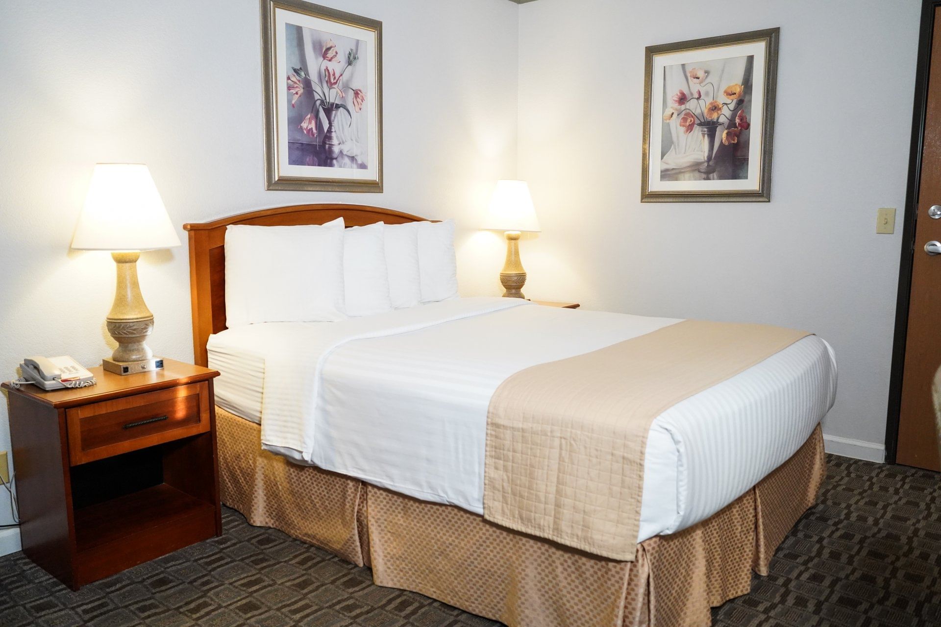 A standard hotel room with a double bed, two nightstands with lamps, and framed artwork on the walls.