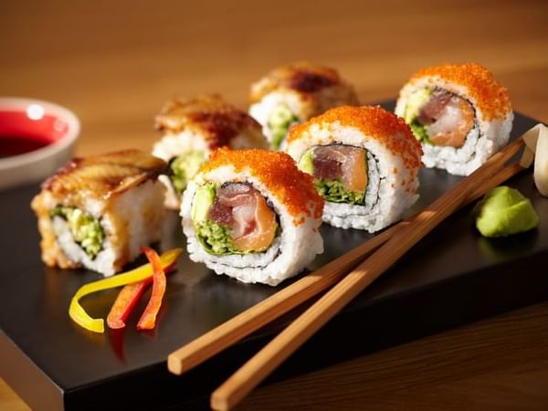 Closeup of a plate of sushi on a table at Summit Lodge