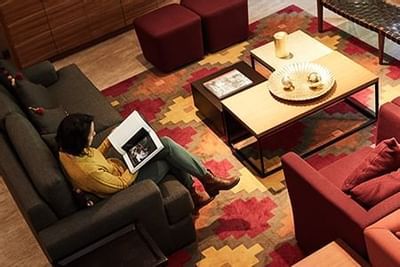High angle shot of the lobby with lounges at Hotel Sumaq