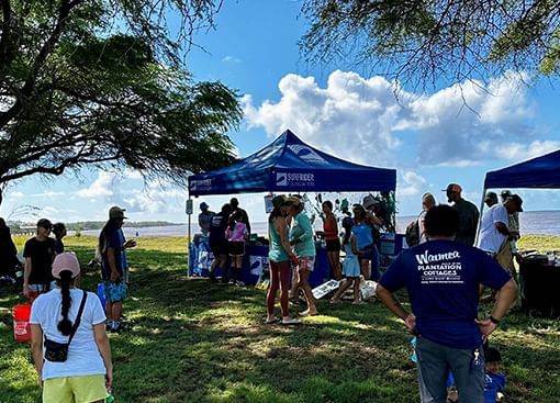 Volunteers gather before the beach cleanup