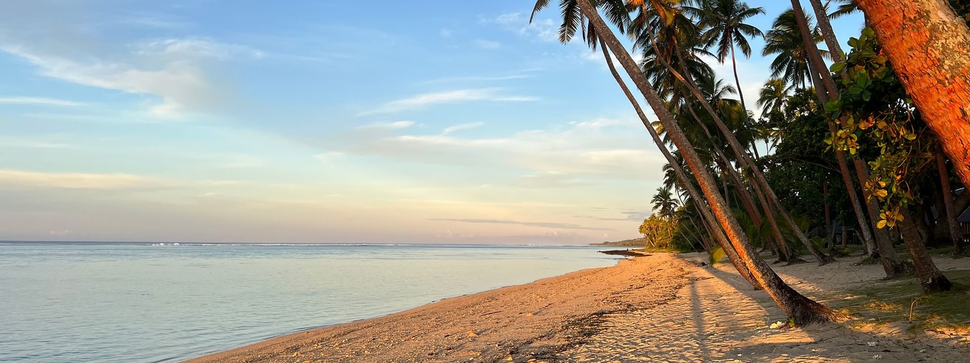 Palm-fringed sandy beach at sunset showcasing the private beach at Tambua Sands Beach Resort in Sigatoka