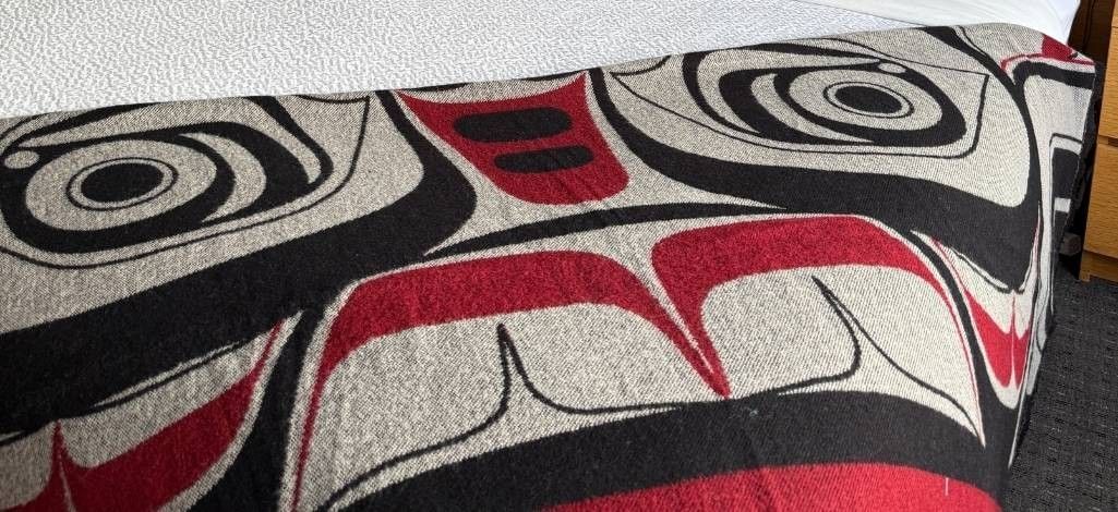 Close-up of Indigenous art pattern on a bed runner.