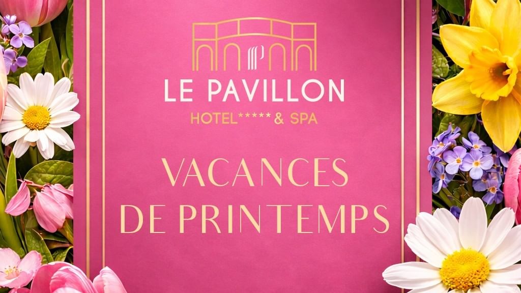Affiche rose avec fleurs pour Escapade de Printemps au Le Pavillon.
